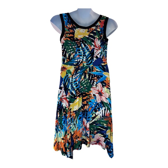 Midnight Velvet T-Shirt Knit Colorful Tropical Floral Lettuce Hem Tank Dress - Picture 7 of 12